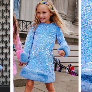 Lola + the boys Celeste sequin dress blue fur detail light blue